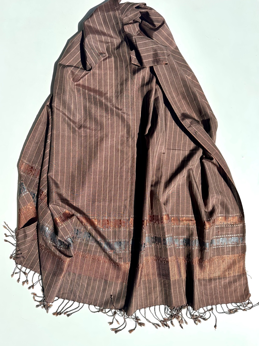 100% Silk Hand Woven Brown Elephant Pinstripe Fringe Shawl Wrap Scarf, India